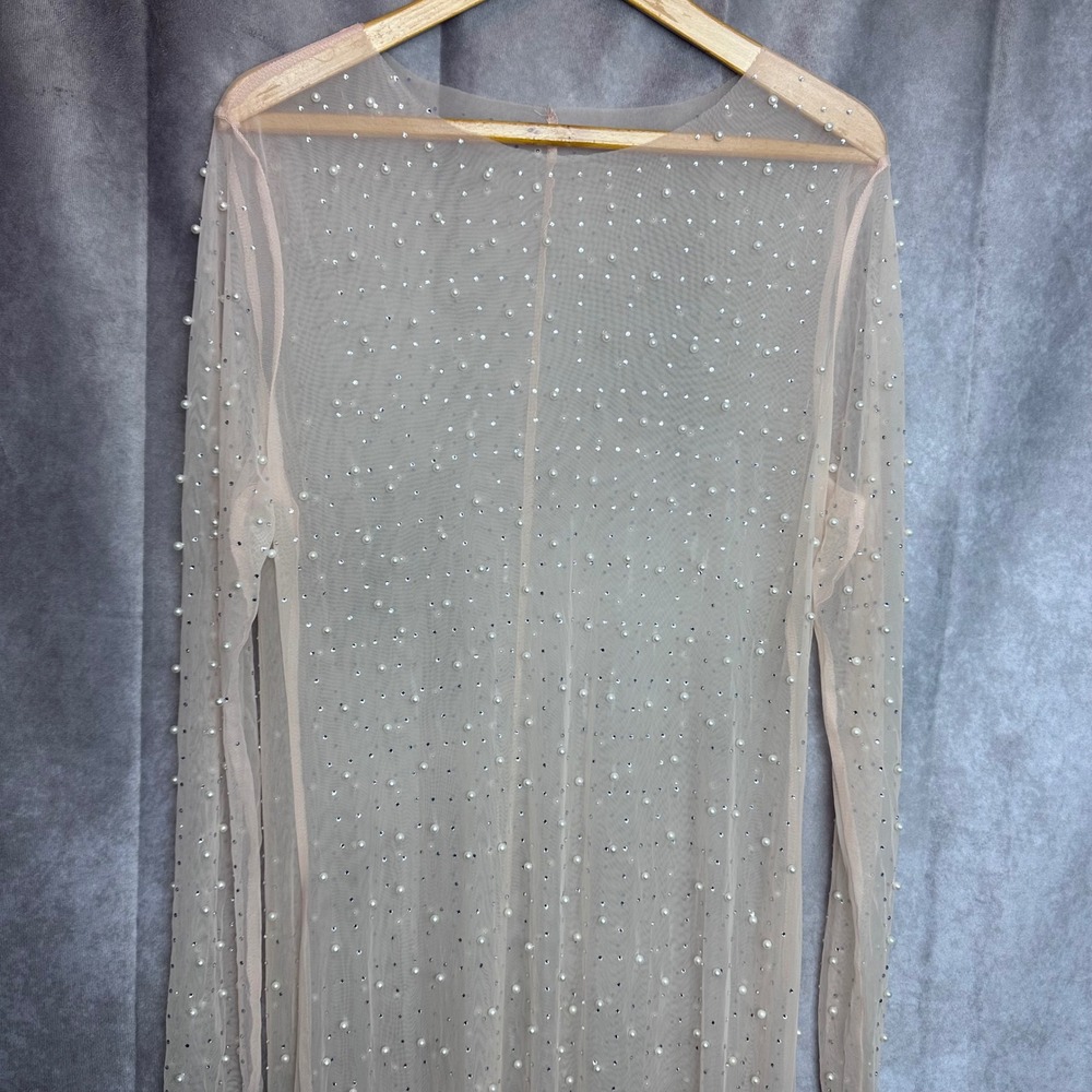 Sheer Mesh Pearl Rhinestone Embellished Maxi Dress XXL Blush Pink Long Sleeve